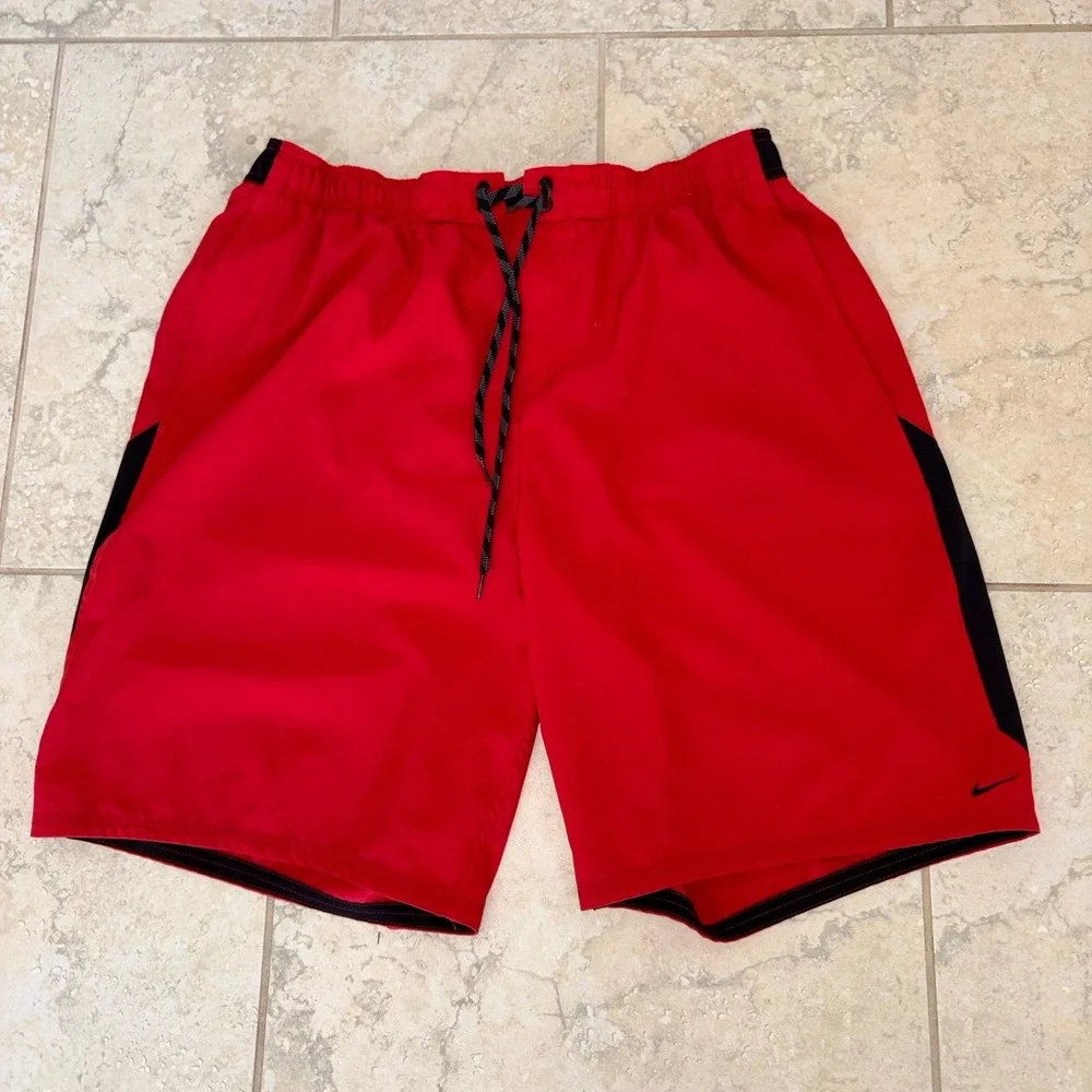 Vintage Nike Board Shorts Mens XXLT Red Black Big Swoosh Colorblock Beach